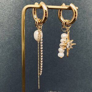 Pearl Zircon Star Charm 18 Gold Plated Huggie Earrings